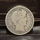 1912 S Silver Barber Half Dollar, 90% Silver, Good Condition, Low Mintage