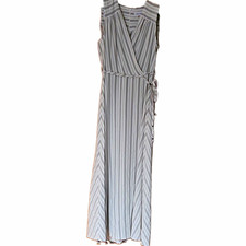 Calvin Klein Striped Sleeveless Wrap Maxi Dress V-Neck Tie Zip White/Gray 4