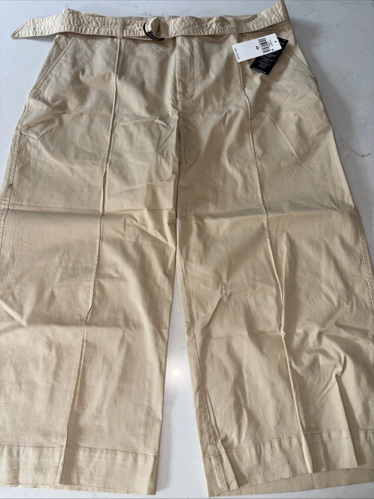 RALPH LAUREN Tan Wide Leg Cotton Cropped Capris Pants Womens 14P NWT Belt Safari