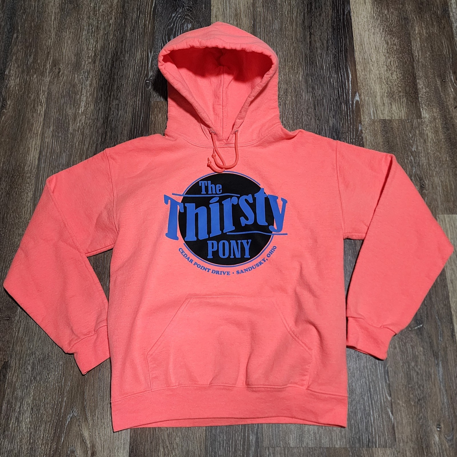 Felpa con cappuccio vintage Cedar Point Thirsty Pony pullover media piccola RARA