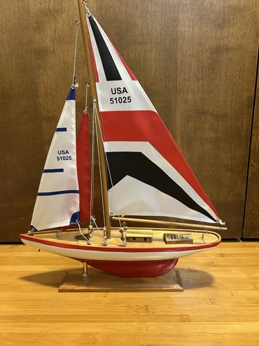 Vintage Wooden Sailboat Model USA 51025 Nautical Yacht Decor with Stand 16”X 20”