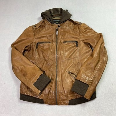 Bernardo Jacket Womens L Brown Glove Soft Leather Moto Style With Hoodie Lined