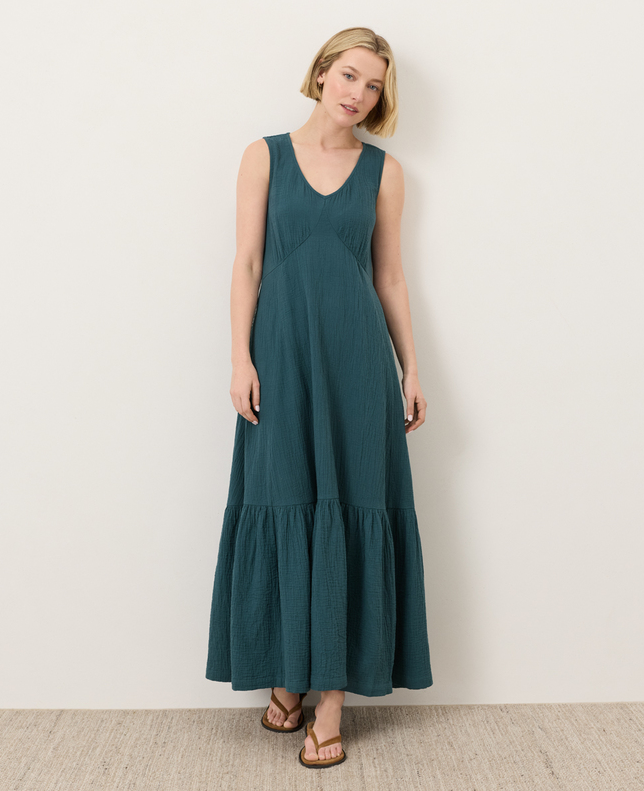 PACT Organic Coastal Double Gauze Beach To Brunch Maxi Dress - Deep Aqua