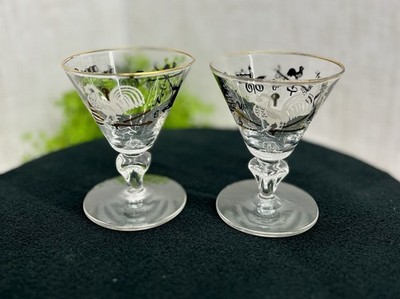 Libbey MCM Vintage Curio Rooster Weathervane Cocktail Glasses Set Of 2 EUC 