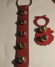  2 Vintage JINGLE SLEIGH BELLS RED LEATHER HANGING STRAP CHRISTMAS  MBS BELLS