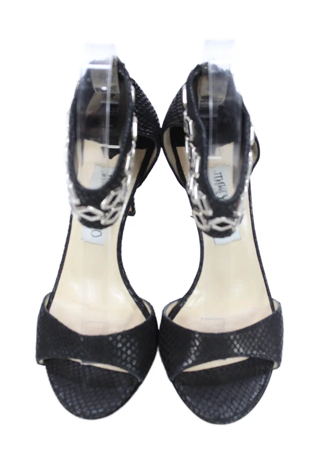 Jimmy Choo Womens Back ZIp Stiletto Snake Print Sandals Black Leather Size 37 - Image 2 of 4