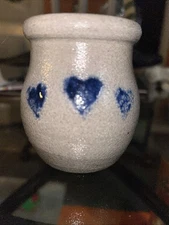Vtg Rowe Art Pottery Works Blue Heart Crock Salt Glaze  Green Lake CA 5”