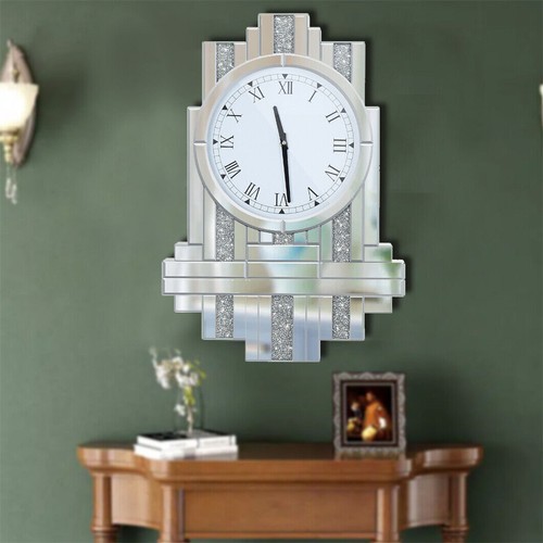 Chic Crystal Crush Diamond Wall Clock Silver Beveled Glass Mirror Quartz Clock - Picture 6 of 19