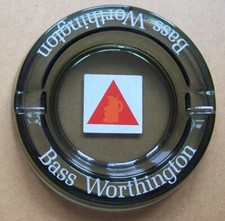 Vintage BASS WORTHINGTON Pub Ashtray. Black Smoked Glass 5.5" diameter 1970's