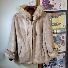 Vintage Union Made Women's Faux Fur Coat Zip Up Jacket Hooded Mod 70s 80s 90s