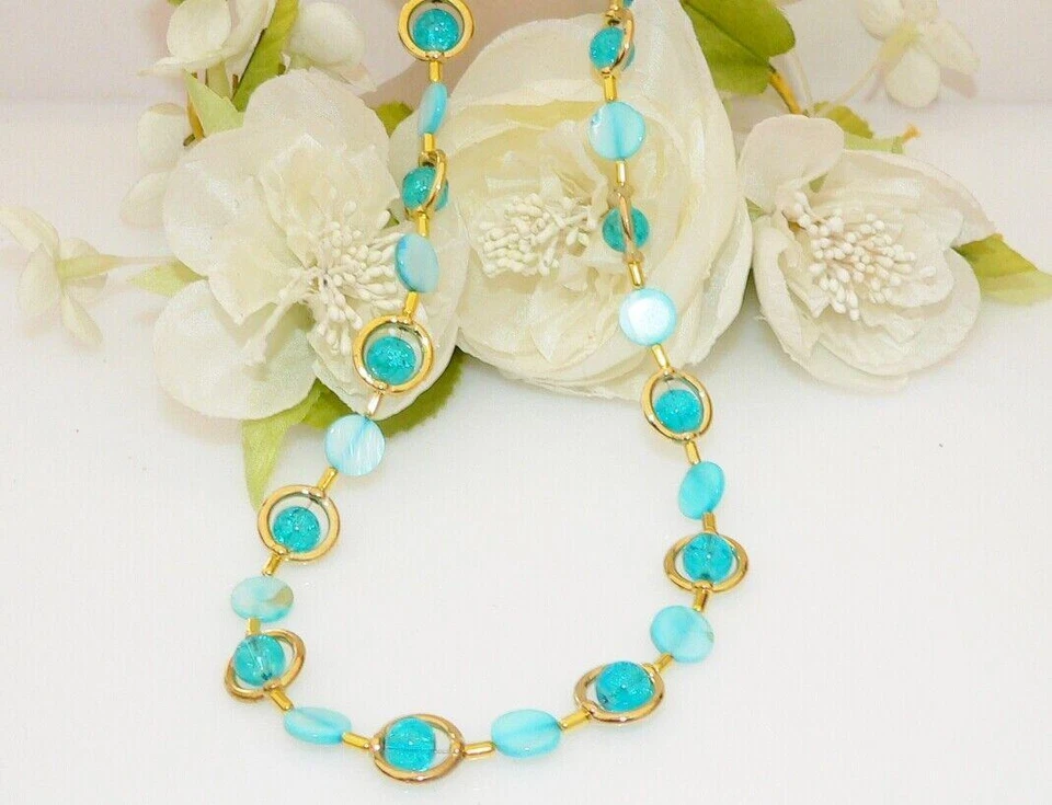 Schmuckset Kette Ohrring Perlmutt Muschel Glas Perle crash türkis gold 297c - Bild 3 von 4