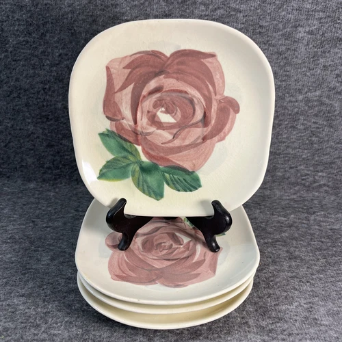 4 Red Wing Pottery Lexington Rose Saucers Concord Square Vintage Hand Painted