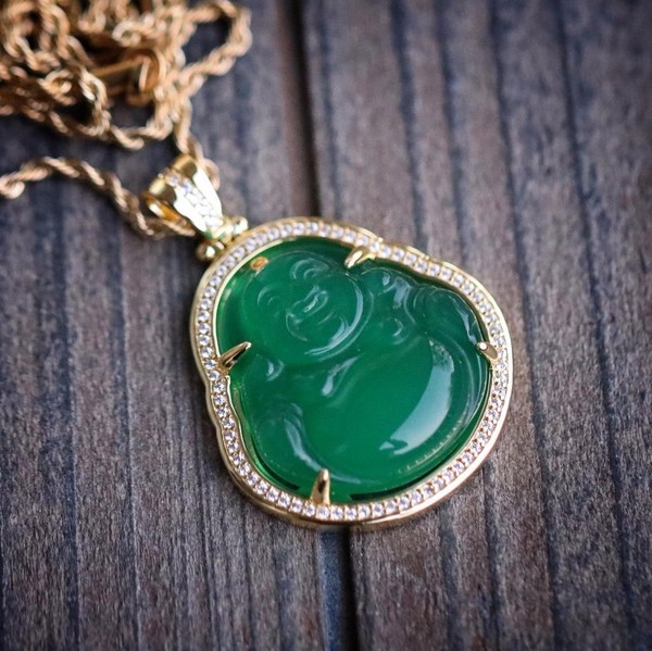 Alternate view of 14k Gold Plated Green Jade Buddha Pendant Necklace With Lab Simulated Diamonds