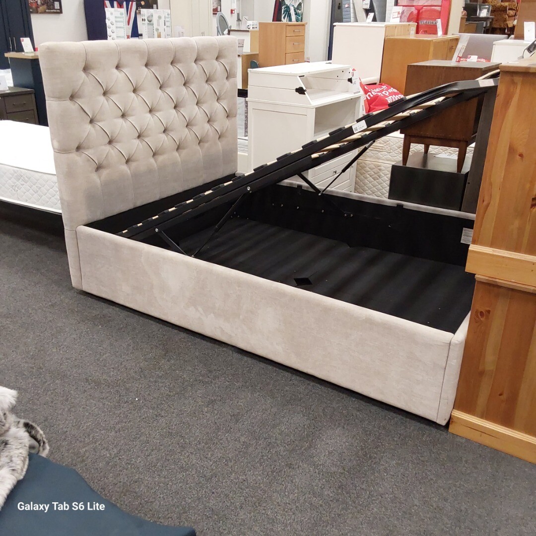 Beige fabric studded storage ottoman double bed frame CS R31 eBay