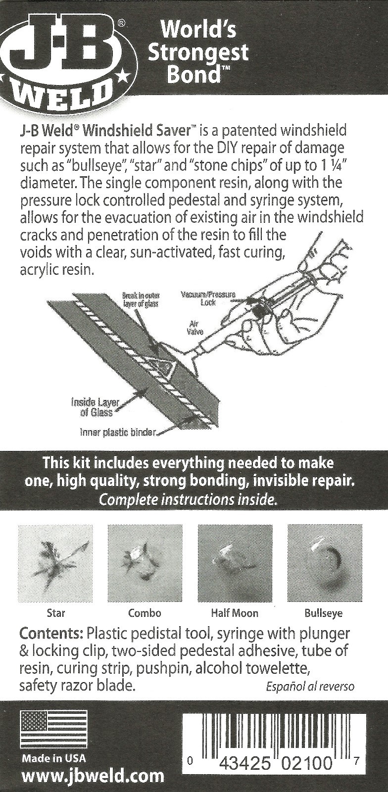 JB Glass WINDSHIELD SAVER REPAIR KIT syringe system auto window JB