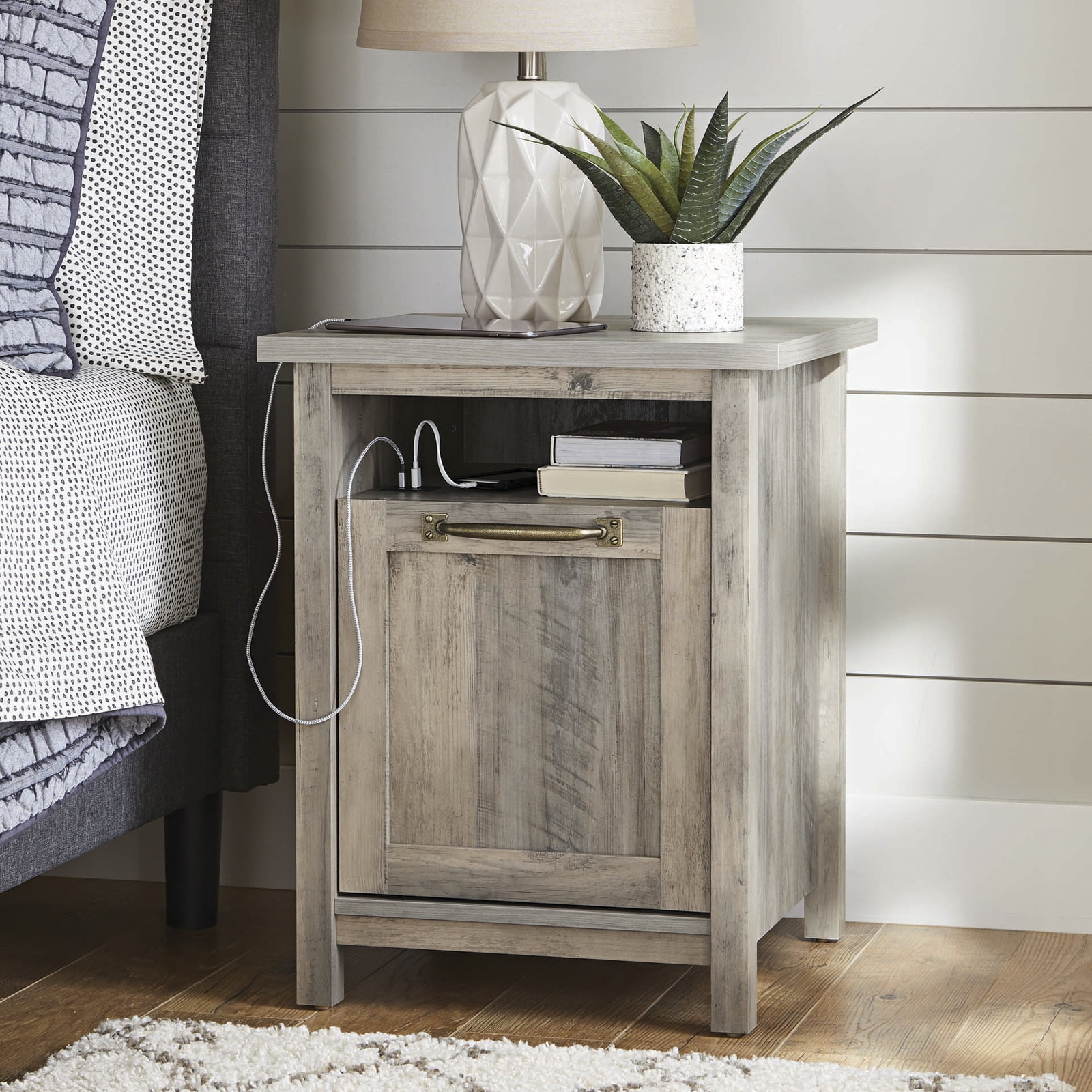 Nightstand End Table with USB Charging Station Farmhouse Side Table with Storage-image