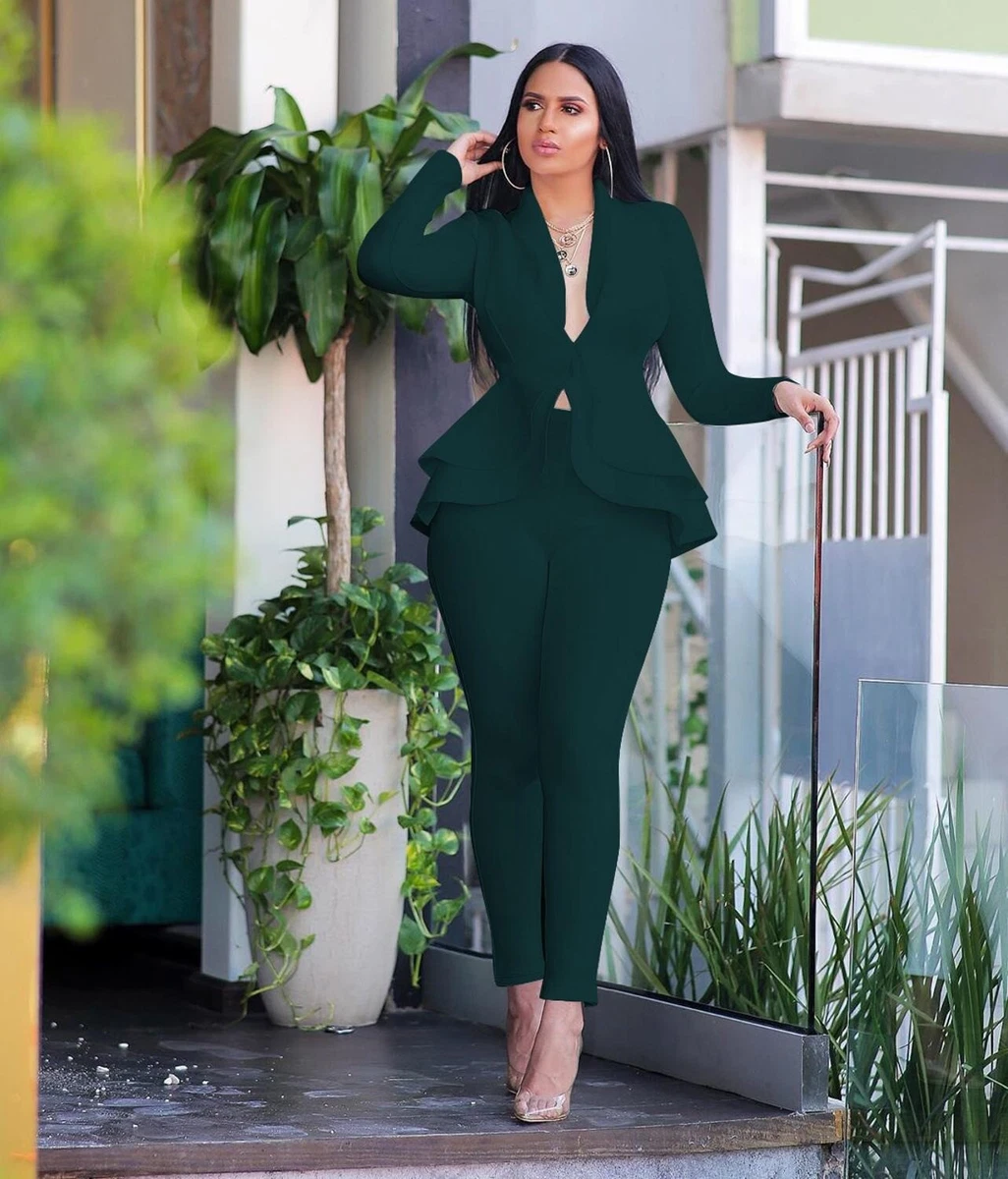 Women Full Sleeve Ruffles Blazers Pencil Pants Suit Two Piece Set Office  Lady -L