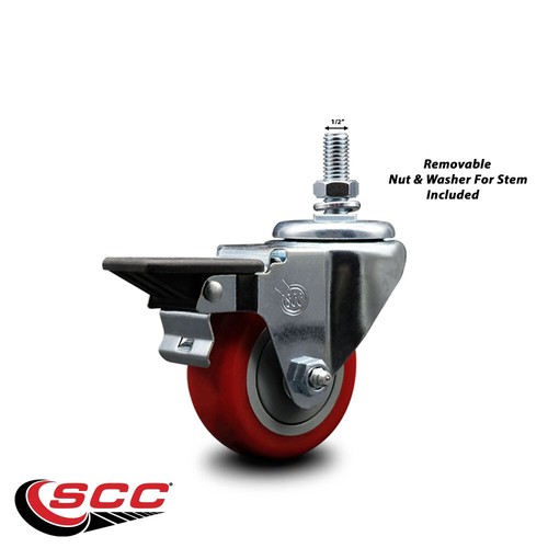 3 Inch Red Polyurethane ½ Inch Threaded Stem Caster with Brake - Afbeelding 2 van 4