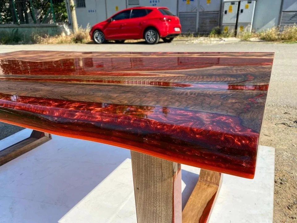 Custom Order Walnut Wood & Red Metallic Epoxy Table – Handmade Live Edge Table - Image 2 of 4
