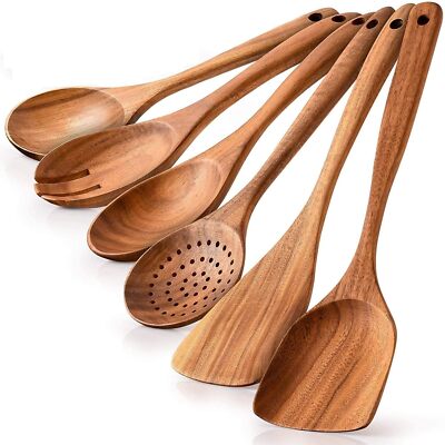 Wooden Spoon Spatula Bamboo Set Kitchen Utensil Cooking Mix Non-Stick Tools 6 Pc