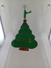 Christmas Tree Stained Glass Suncatcher 7" High. Bark Finish.