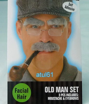 Old Man Grey Moustache Eyebrows Costume Fancy Dress False Hair Stick on Set