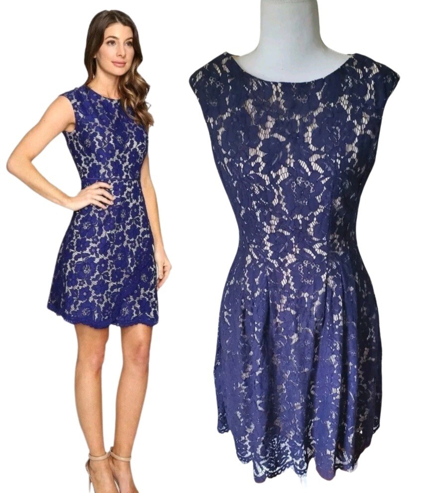 Vince Camuto Womens Navy Lace Overlay Size 4 Cap Sleeve Dress