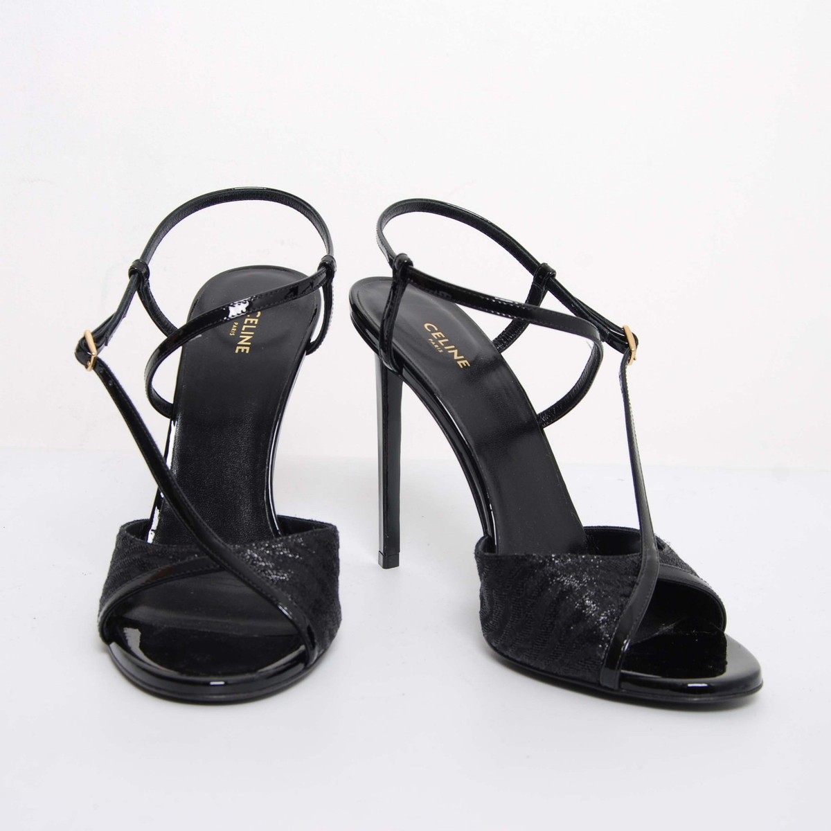 CELINE Women Black Sandals Leather Stiletto High Heel Party