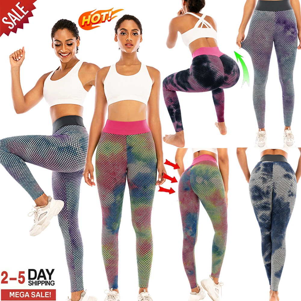 Women Ruched Stretch Yoga Pants Tie Dye Butt Lifting Leggings Waist Tummy  Shaper