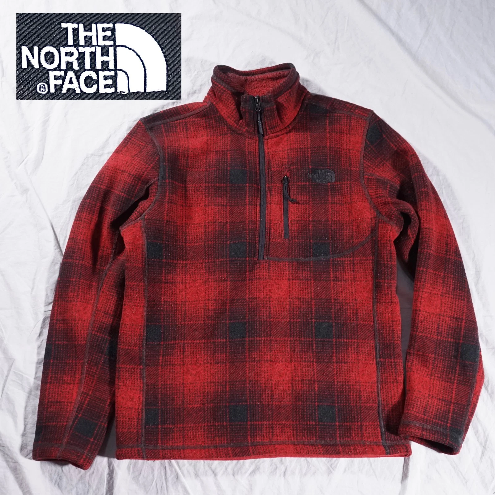 The North Face Quarter Zip Fleece Jacket Red Black Plaid Rare Mens Small