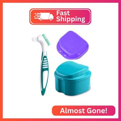 Denture Bath Case Cup with Denture Cleaner Brush & Retainer Holder Box, Complete