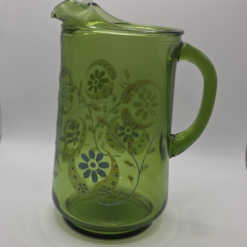 VTG Avocado Green Glass Pitcher Retro Green Daisies Flower 70’s