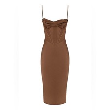 House of CB || Myrna Satin Cowl Neck Midi Dress Corset Brown S Regular Cup NWT