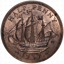 1937 Great Britain George VI Half Penny Coin &ndash; Dies 1+A &ndash; Bronze