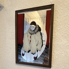 Framed Wall Mirror Harlequin Clown Art, Brown Wooden Frame, Vertical Pierrot 80
