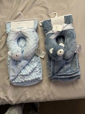 Huggable  Friends Plush Bear Blanket Set Light Blue Embossed Neck Pillow
