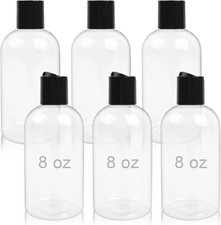 6 Pack 8 oz Empty Plastic Bottles with Black Disc Caps Reusable Clear Leak-Proof