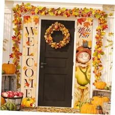 Fall Scarecrow Porch Banner Sign Welcome Fall Pumpkin Maple Leaf Banners