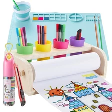 Wooden Tabletop Paper Roll Dispenser for Kids, Painting Art Easel for Kids wi...