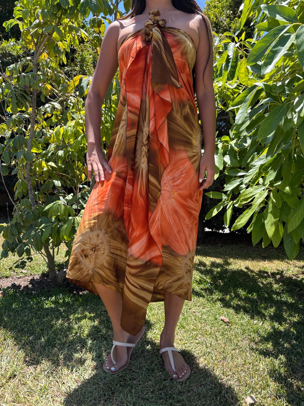 Hawaiian Design Sarong Orange Tan Brown Tie Dye Luau Wrap Beach Pareo Dress