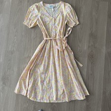 Vintage Tea Party Floral Cottagecore Puff Sleeve Laura Ashley Pastel Dress SZ L