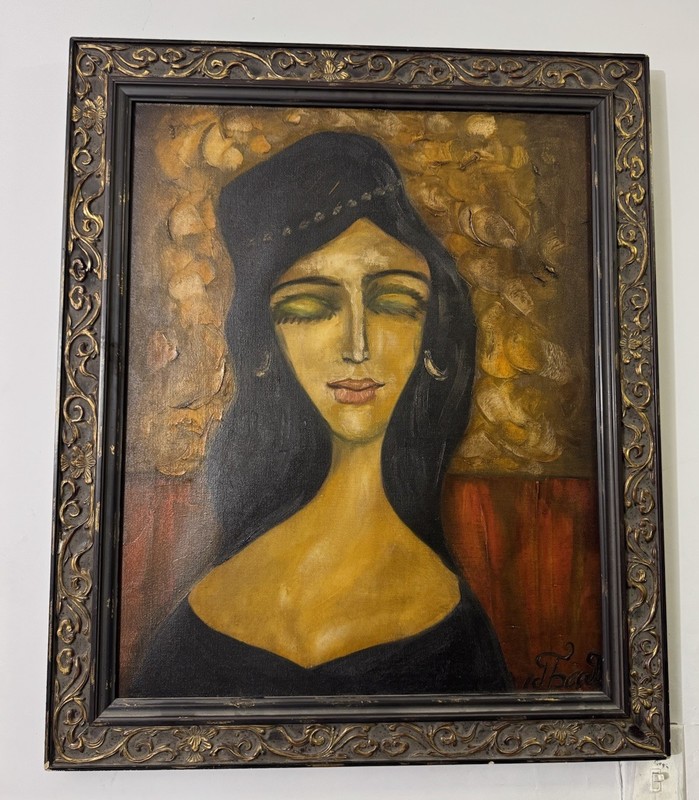Vintage Signed Large Oil Painting Portrait Woman Framed Mid Century Art