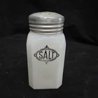 Vintage Hazel Atlas Salt Shaker White Milk Glass Black Lettering Art Deco Style