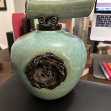 Beautiful MATTHEW LOVEIN Wish Keeper Turquoise Jade Raku Pottery Vintage Signed