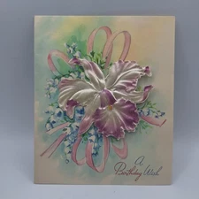 Vintage Satin Blossoms Birthday Card Orchid Ribbon "A Birthday Wish"