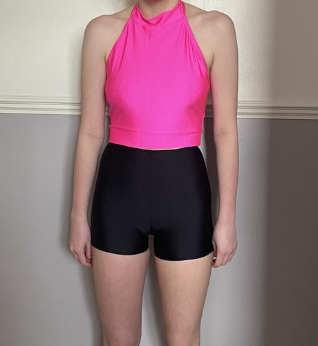 Neon Pink Lycra Halter Crop Top With 