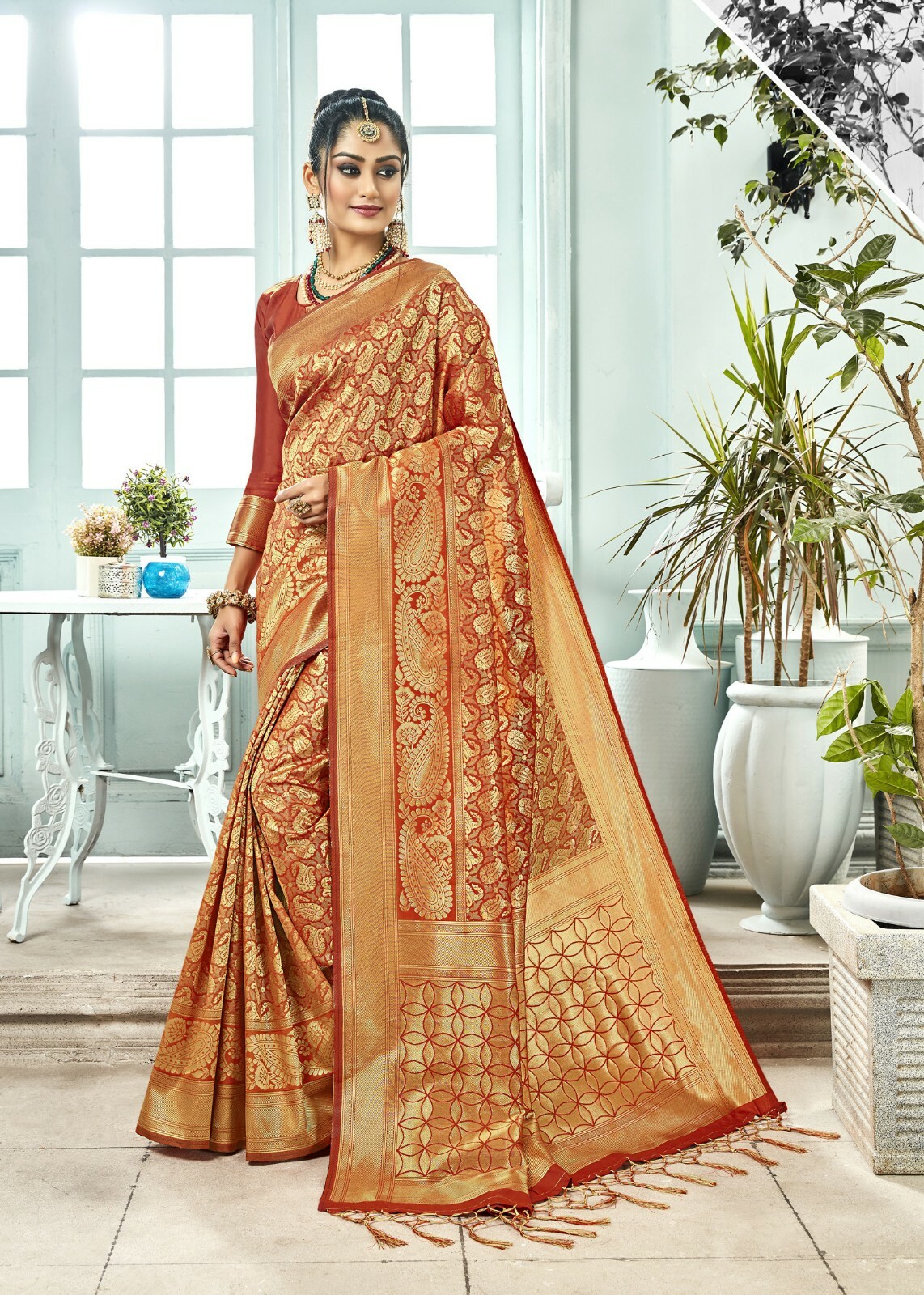 Indian Saree & Blouse Sari Bollywood Rust Woven Kanjivaram Art Silk -27861 Indian Saree & Blouse Sari Bollywood Rust Woven Kanjivaram Art Silk -27861