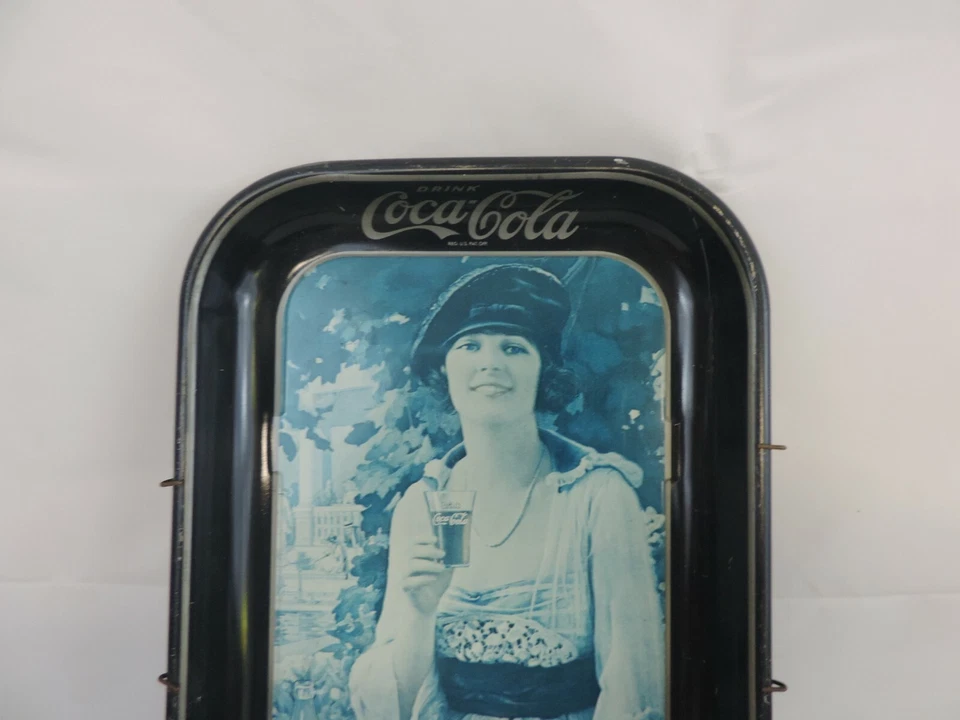 73 Coke Tray Coca Cola Vintage Tin Rolling Serving Long Woman Glass Blue Hat   - Image 2 of 4