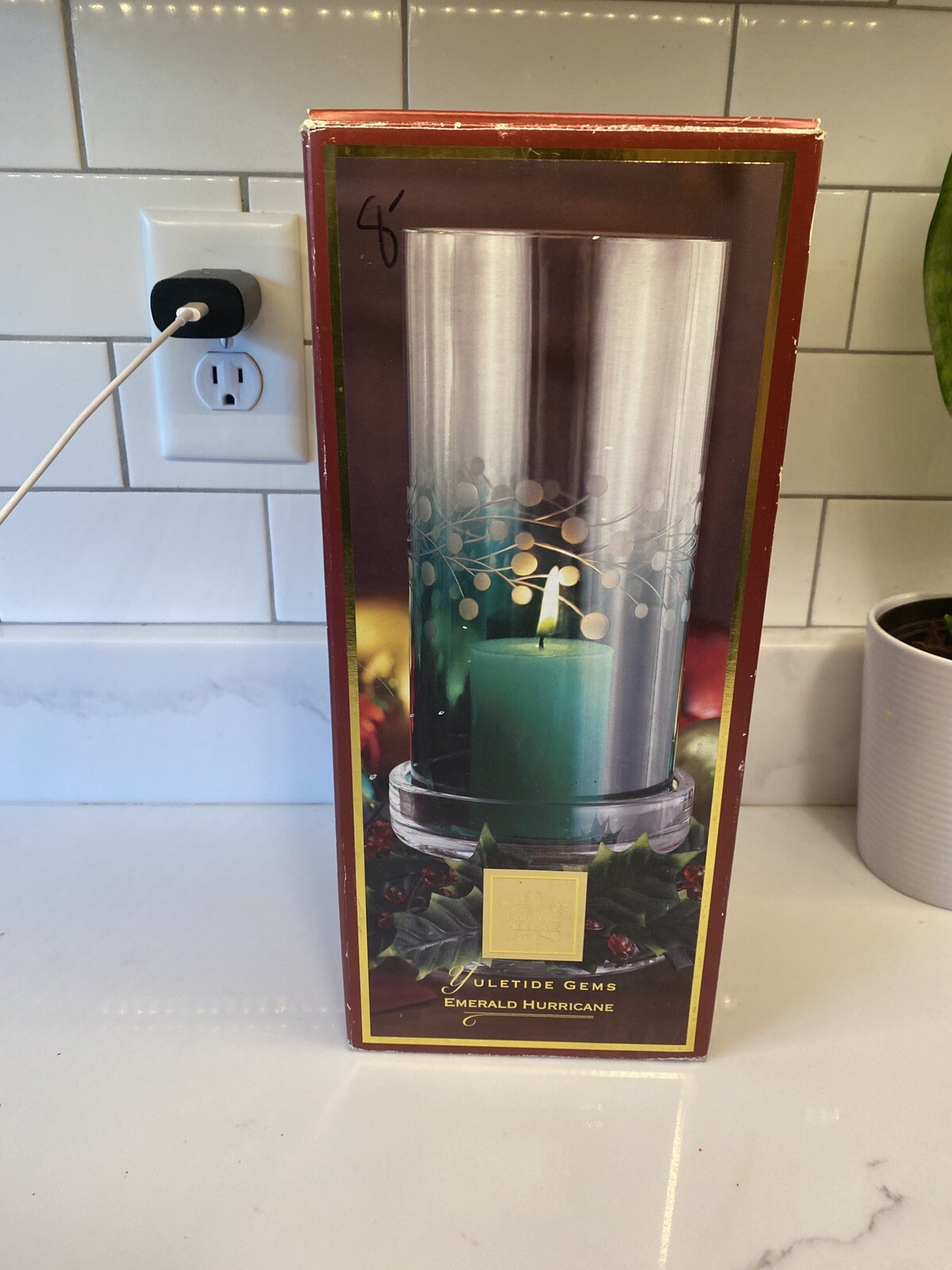 RARE Lenox Christmas Yuletide Gems Ruby Hurricane Emerald Glass Candle