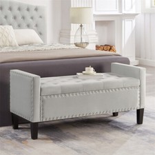 Upholstered Tufted Button Storage Bench Soft Padded Seat w/Armrest  Nails Trim